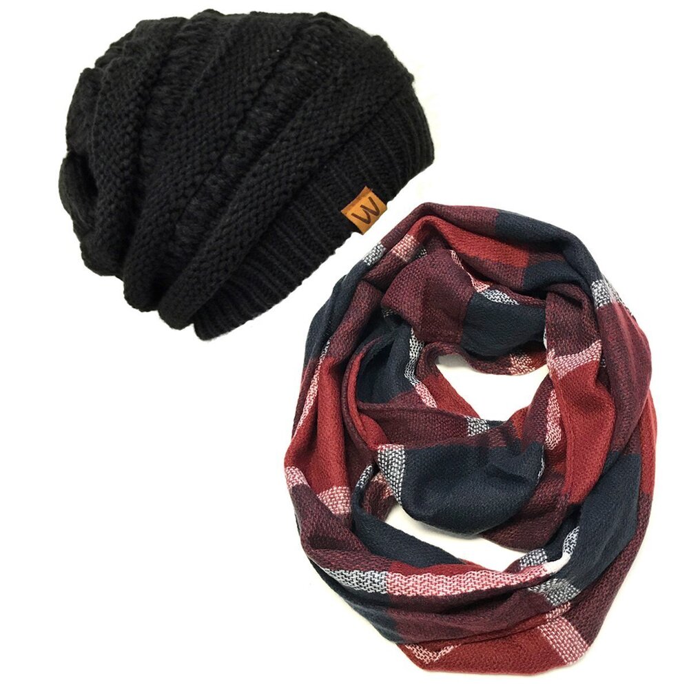 1995 Tartan Winter Infinity Scarf with Beanie, Midnight/Burgundy + Black